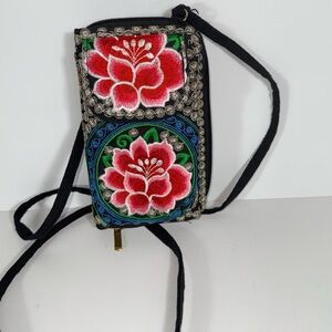 Floral Embroidered Crossbody Bag - Red and Black